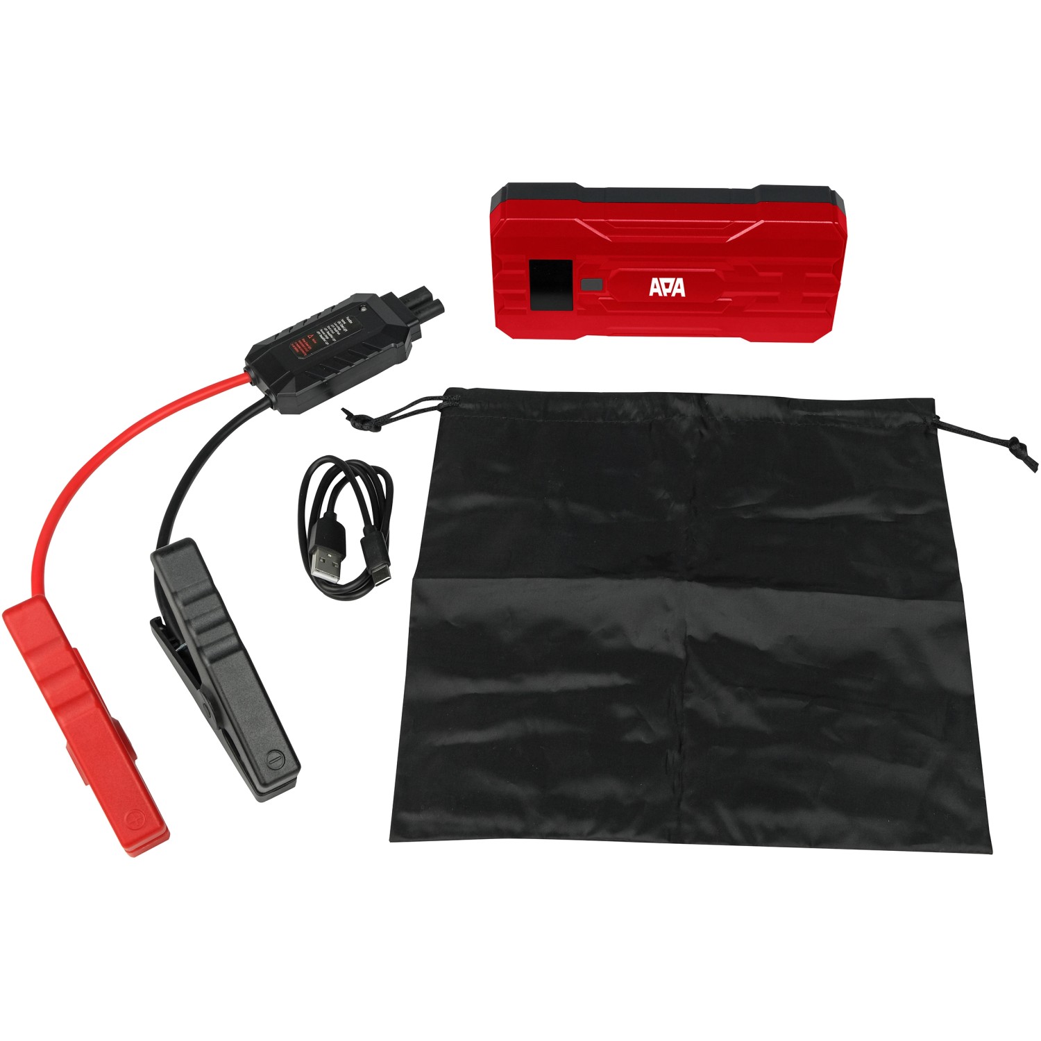 Apa Schnellstartsystem Powerpack (10.000 mAh) in Rot mit Starthilfekabel, USB-Kabel und Tasche.