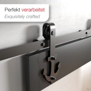 Schwarzes SOTECH ANCORA Rollen Set aus Stahl für Schiebetüren, 70 mm, mit Anker-Design, seitliche Montage.