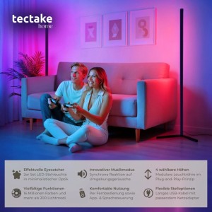 Tectake LED Stehlampe Spectra, schwarz, mit 16 Mio. Farben und App-Steuerung, im Wohnzimmer.