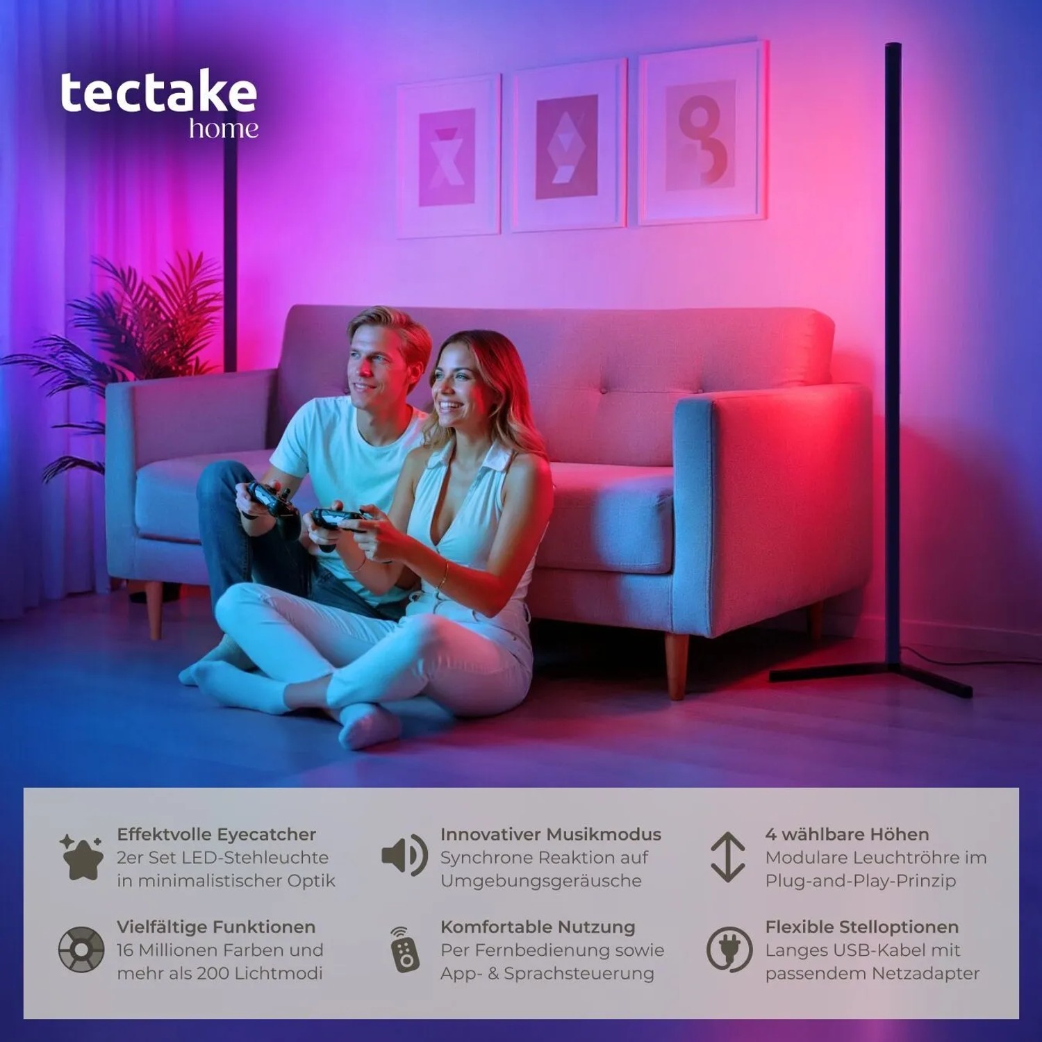 Tectake LED Stehlampe Spectra, schwarz, mit 16 Mio. Farben und App-Steuerung, im Wohnzimmer.