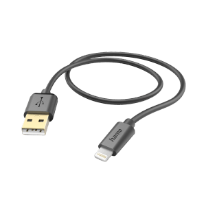 Schwarzes Hama Ladekabel USB-A auf Lightning, 1,5 m, zum Laden und Synchronisieren von Apple Geräten.