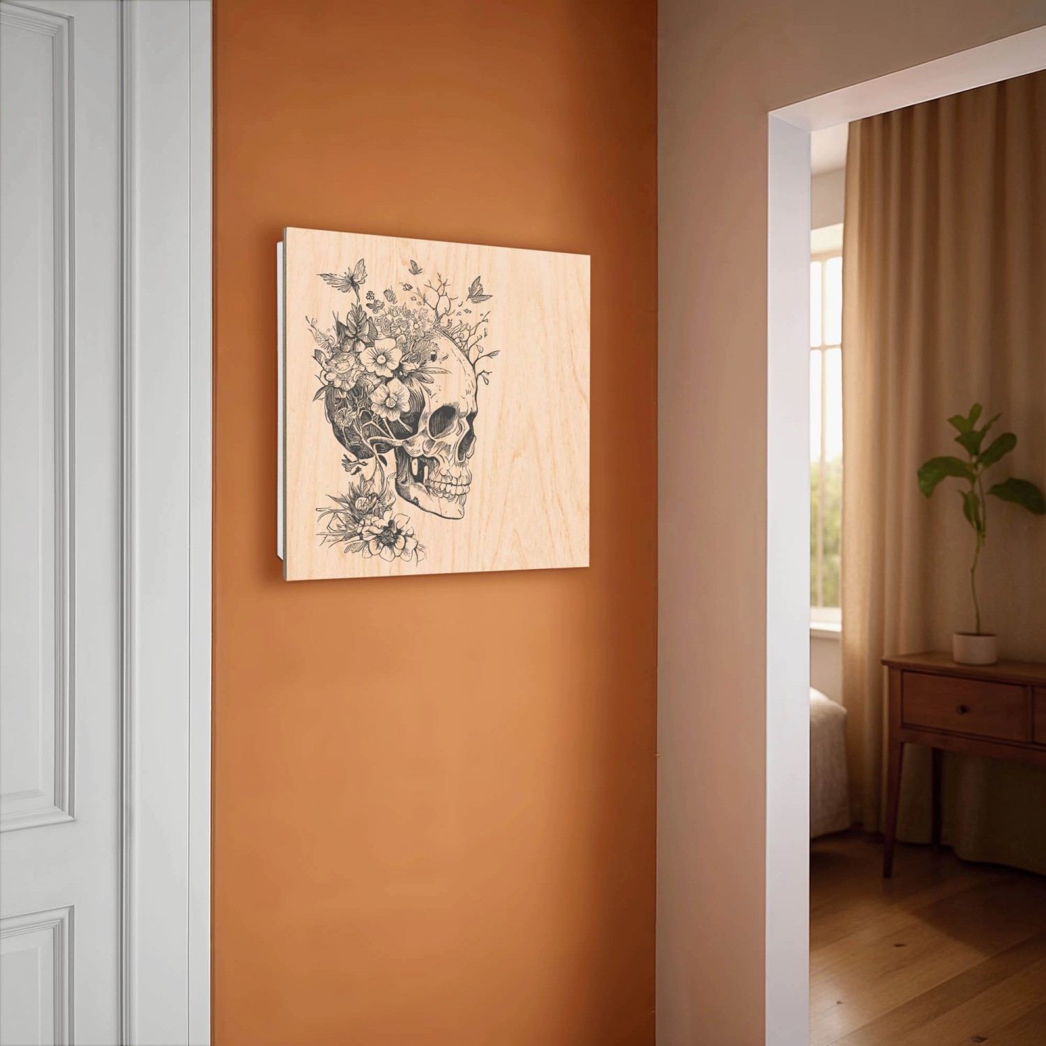 Banjado Schlüsselkasten mit Floral Skull Motiv, 30x30cm, weiße Schlüsselaufbewahrung mit 50 Haken.