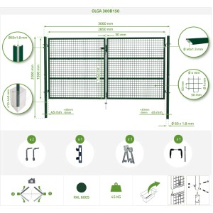 Technische Zeichnung: Casanoov Zauntor 2-flügelig (3m) & Zauntür (1m) Olga, H 150cm, grün, mit Maßangaben.