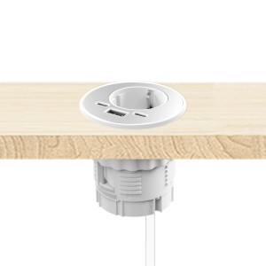 Weiße kalb Energon Einbausteckdose mit USB-A/C und Dataexchange in Möbel eingebaut.