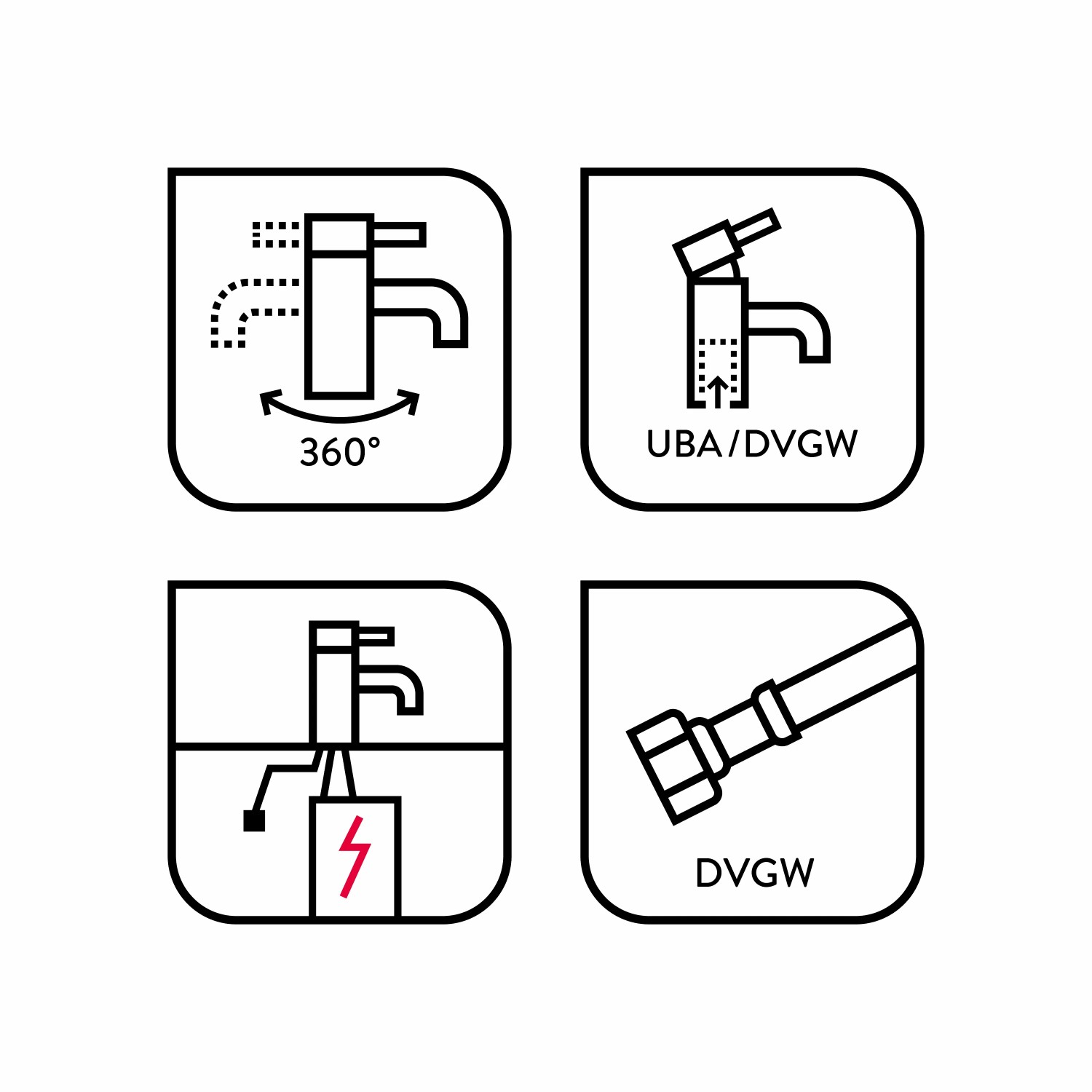 Icons zur baliv Niederdruck-Küchenarmatur KI-5071 N: 360° schwenkbar, UBA/DVGW-Zertifizierung, Niederdruck, DVGW-Schlauch.