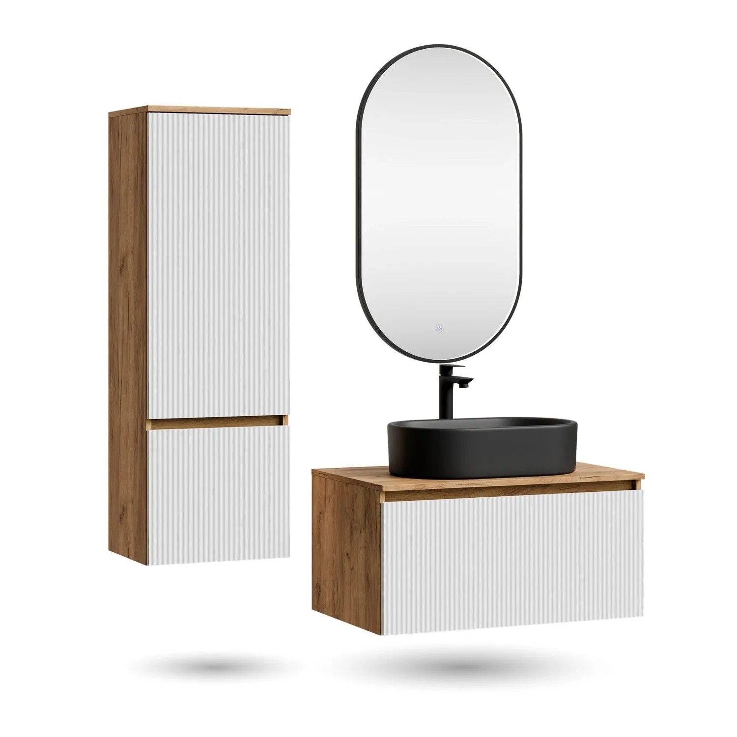 Planetmöbel ARISA Badmöbel Set 80 cm Weiß Geriffelt mit Hochschrank Glora LED Spiegel Dimmbar und Keramik Aufsatzwaschbecken 55 cm Schwarz