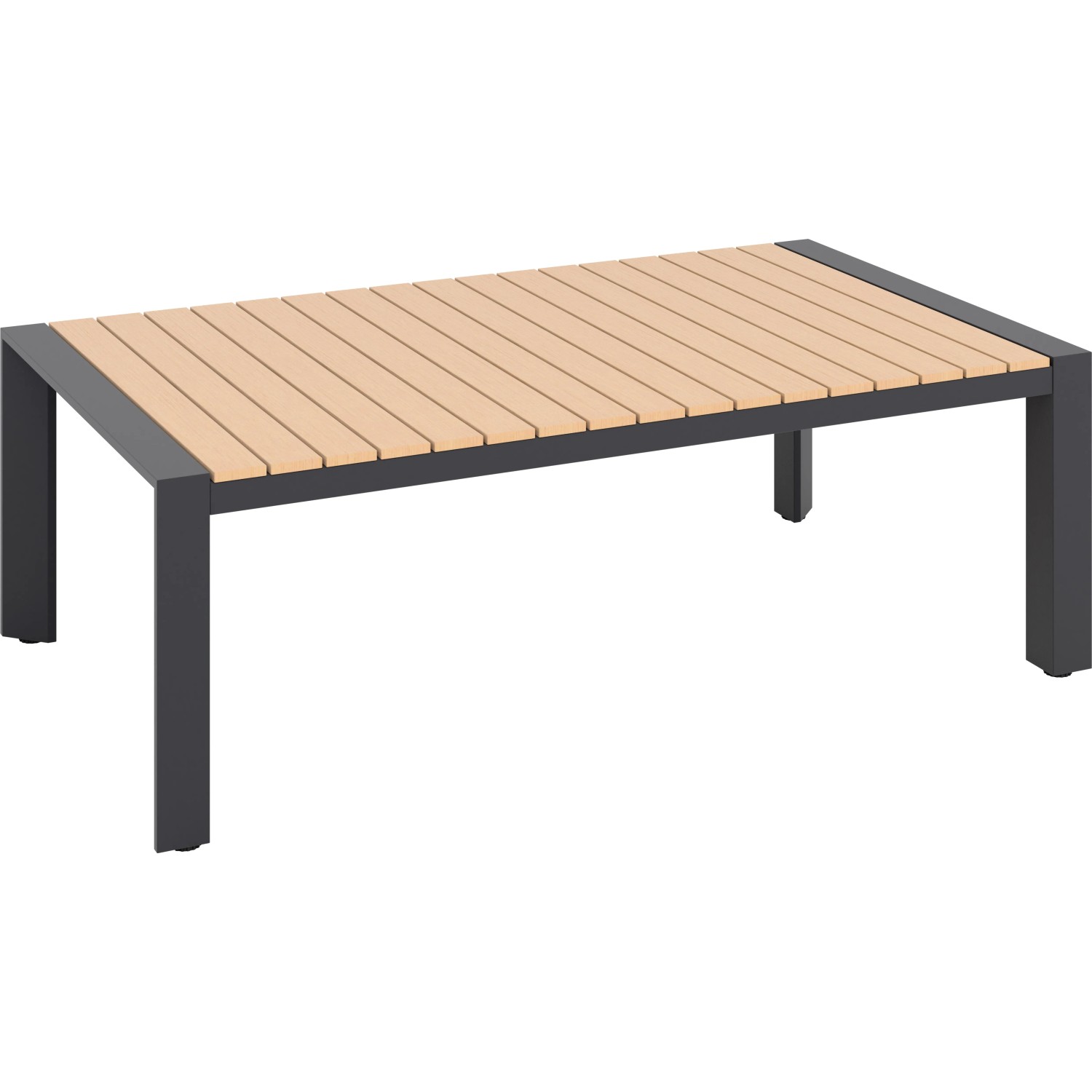 Loungetisch des Lounge-Sets Branford: Alu-Gestell, Holz-Tischplatte in Beige, anthrazitfarbenes Gestell.