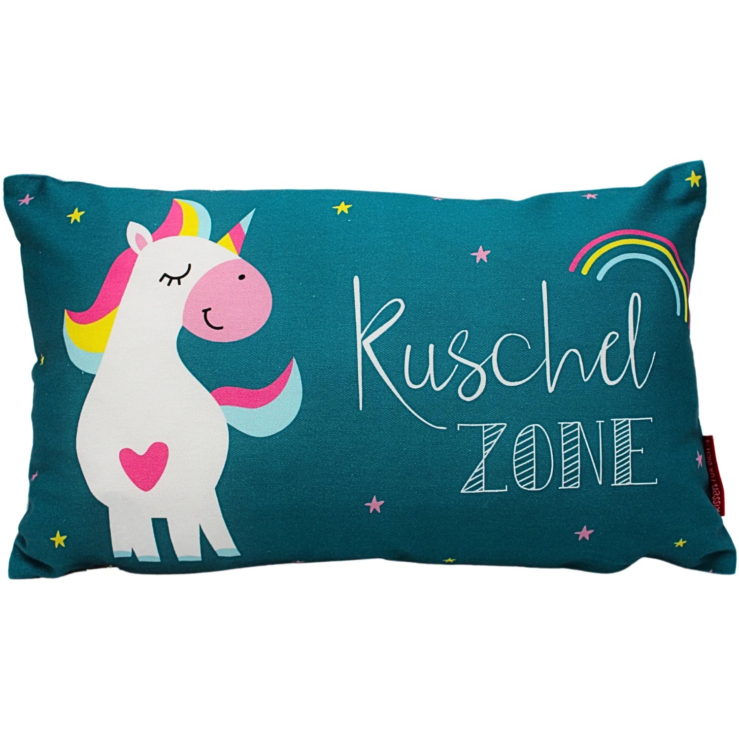 Dekohelden24 Zierkissen Kuschel Kissen Dekokissen Kissen mit Einhorn Aufschrift Kuschelzone L/B/H 40 x 13 x 23 cm