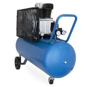 Blauer HYUNDAI Riemenkompressor BAC3100E, 100 Liter Tank, mobil mit Rädern und Griff für Werkstatt.