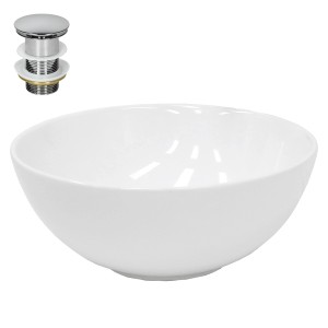 Rundes, weißes ECD Germany Waschbecken (320 mm) aus Keramik mit Ablaufgarnitur.