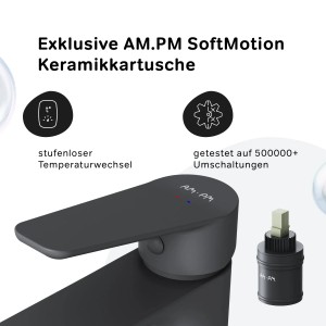 AM.PM Einhebel-Waschbeckenarmatur Hit Schwarz mit Keramikkartusche und Hinweisen zur Temperaturkontrolle.