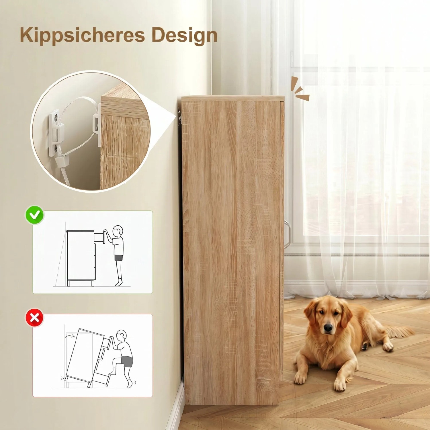 HOMCOM Schuhkommode Naturholz mit Kippschutz. Detailansicht des Kippschutzes und Illustrationen zur Standsicherheit.