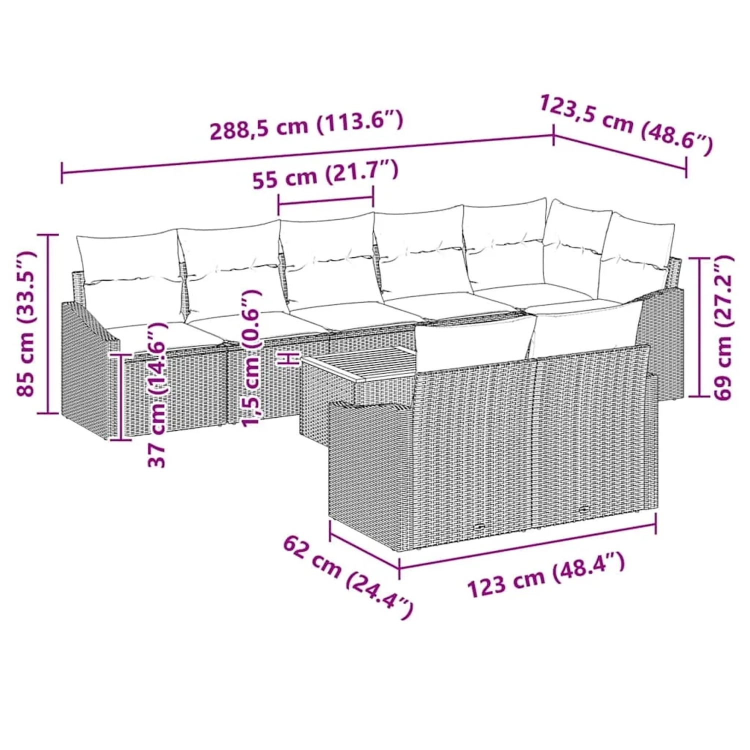 vidaXL Garten-Sofa-Set 9-tlg, schwarz, Poly Rattan, mit Tisch und Kissen, Maße siehe Detailzeichnung.
