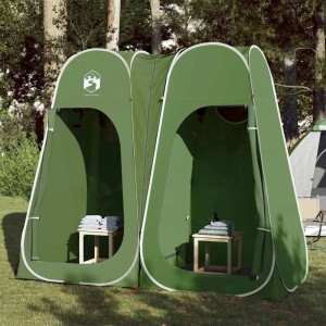 Grünes Pop-Up Sichtschutzzelt mit zwei Kabinen, ideal als Umkleide- oder Duschzelt beim Camping.