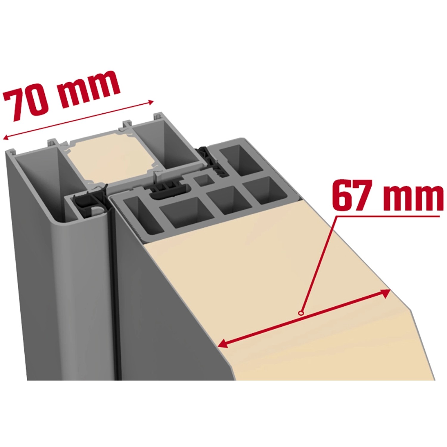 Detailaufnahme Sicherheits-Haustür ThermoSpace Milano Prime RC2, Querschnitt mit Maßangaben.