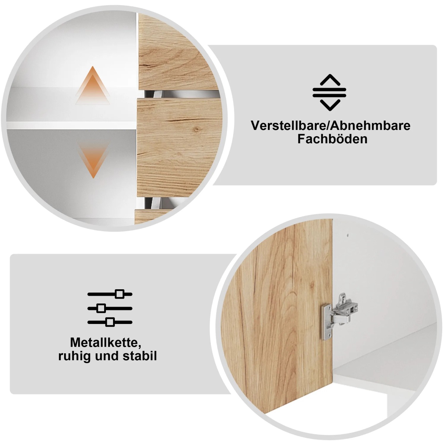 Details des Merax Sideboards: verstellbare Fachböden und stabile Türscharniere in Natur Weiß. Moderner Wohnzimmerschrank.