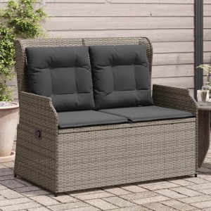 Graue vidaXL Poly Rattan Gartenbank mit dunklen Kissen, verstellbarer Rückenlehne und solider Basis. Lounge-Möbel.