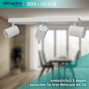 Weiße 3-flammige Oktaplex Bora Deckenleuchte mit schwenkbaren GU10 LED Spots, dimmbar.