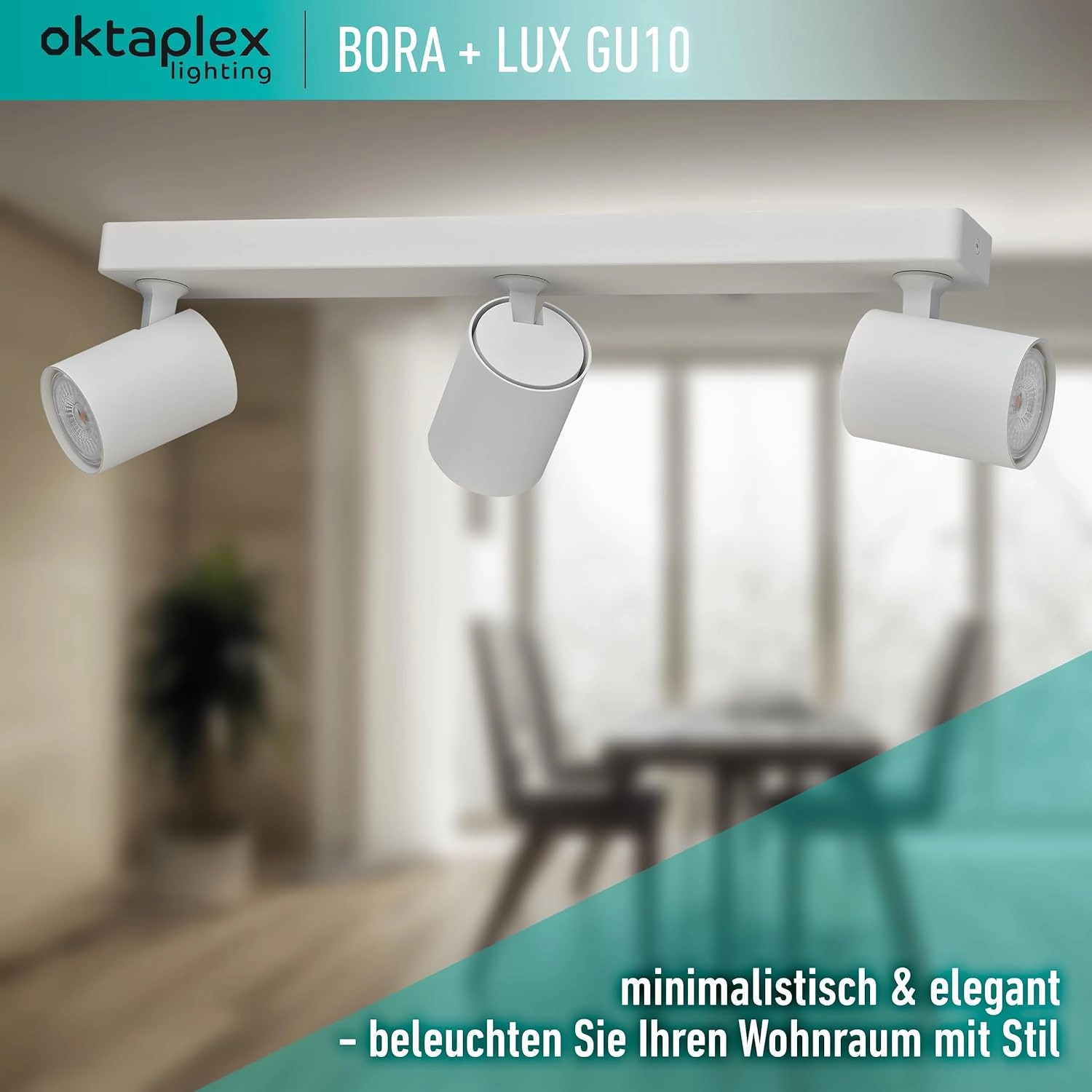 Weiße 3-flammige Oktaplex Bora Deckenleuchte mit schwenkbaren GU10 LED Spots, dimmbar.