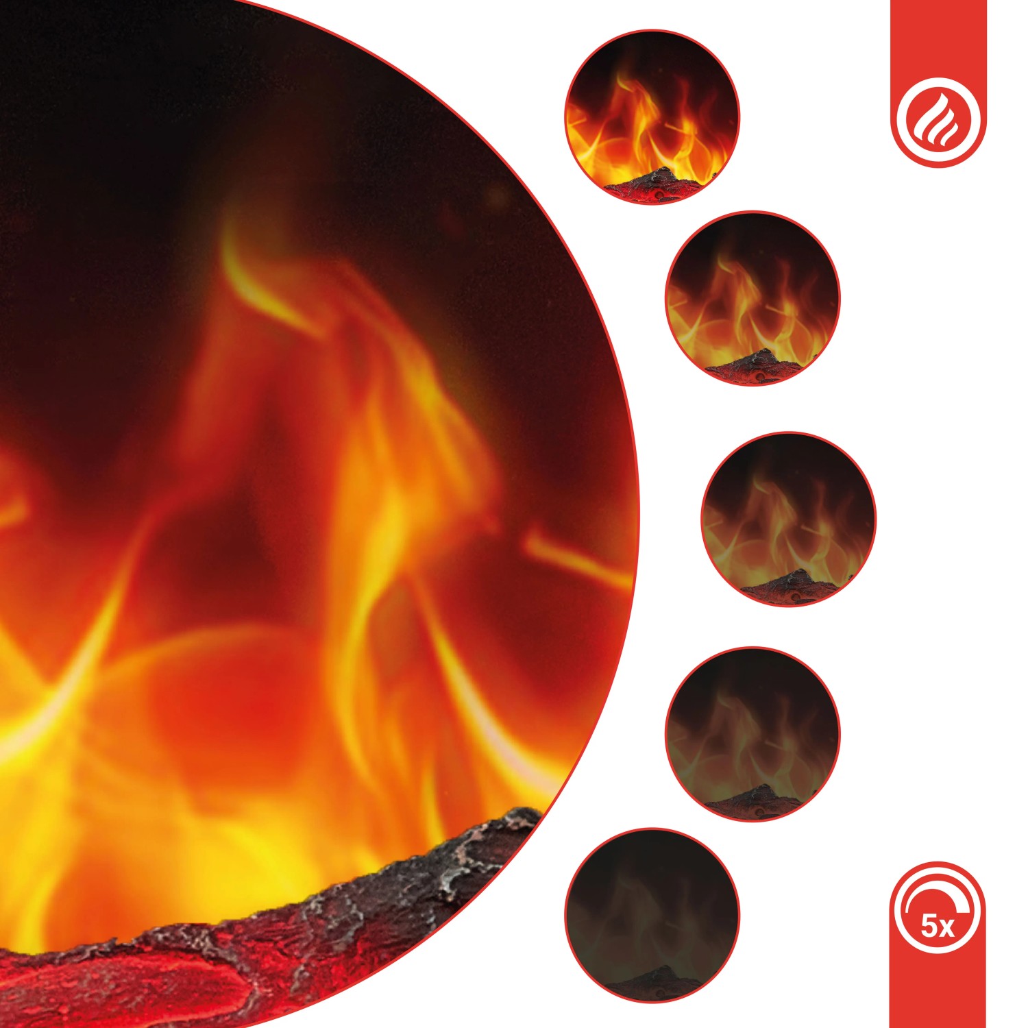 Kaminio Elektrokamin Marlon mit 3D-Flammeneffekt und 5 Helligkeitsstufen.