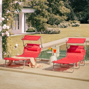 Rote SoBuy Gartenliege mit Sonnendach und Kopfkissen, klappbar. Ideal zum Entspannen im Garten.
