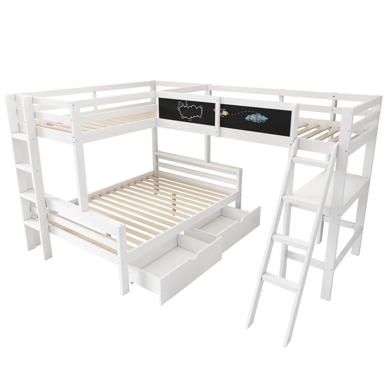 okwish Etagenbett 90x200cm mit Schreibtisch Regal und Schubladen Weiß ohne Matratze