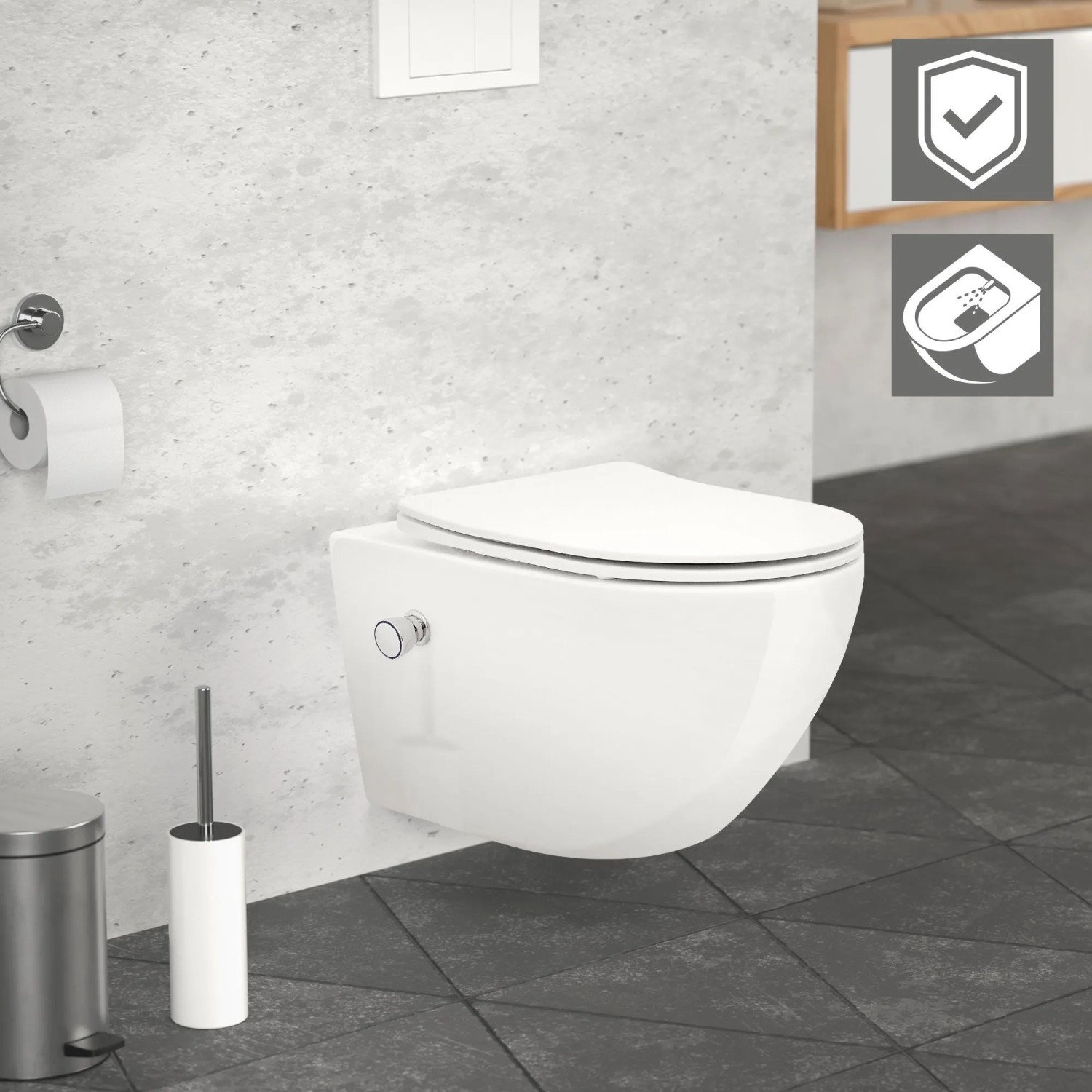 Weißes spülrandloses Hänge-WC aus Keramik mit Bidet-Funktion und Soft-Close-Sitz in modernem Bad.