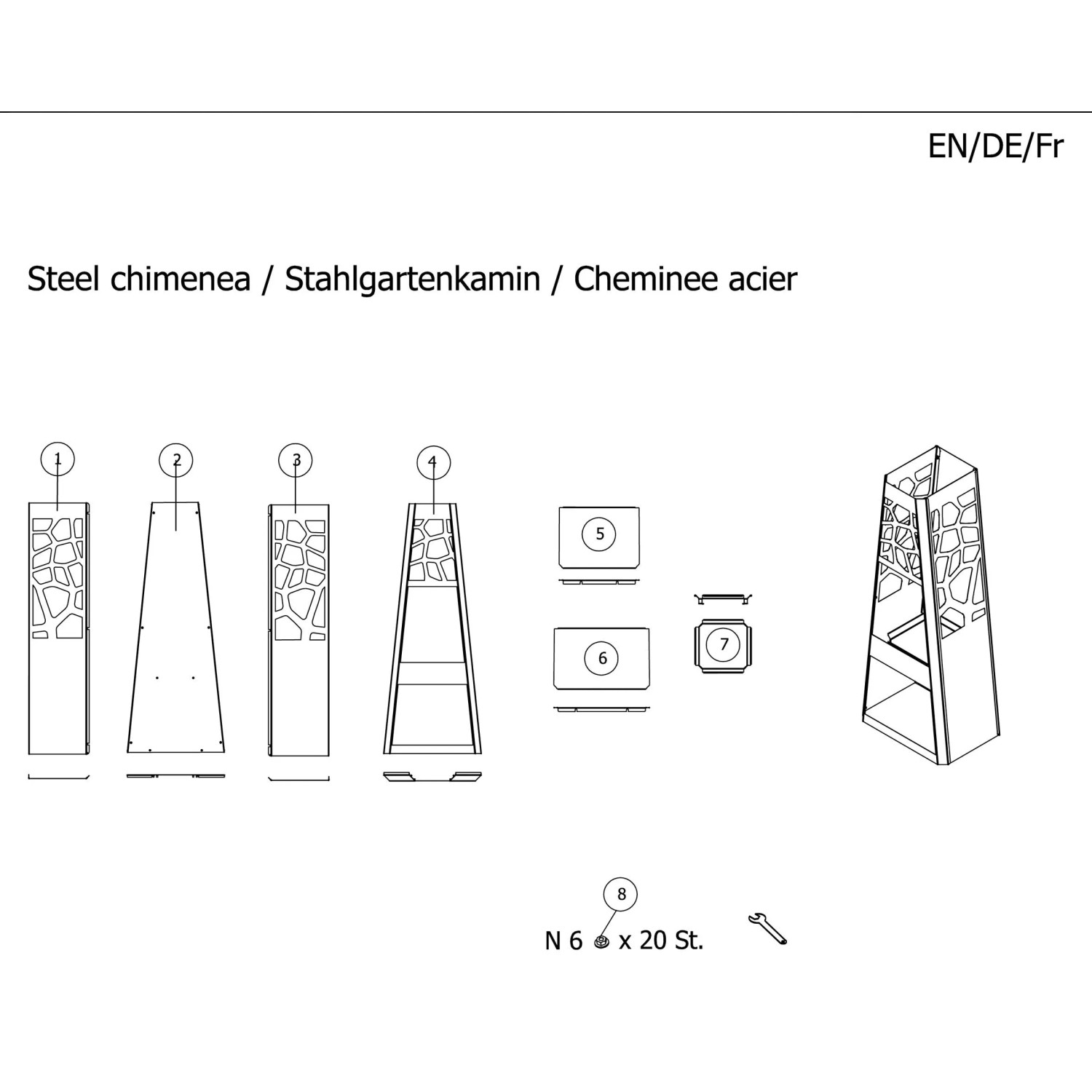 Explosionszeichnung Dobar Metall Gartenkamin Schwarz mit Stauraum und Zubehör.