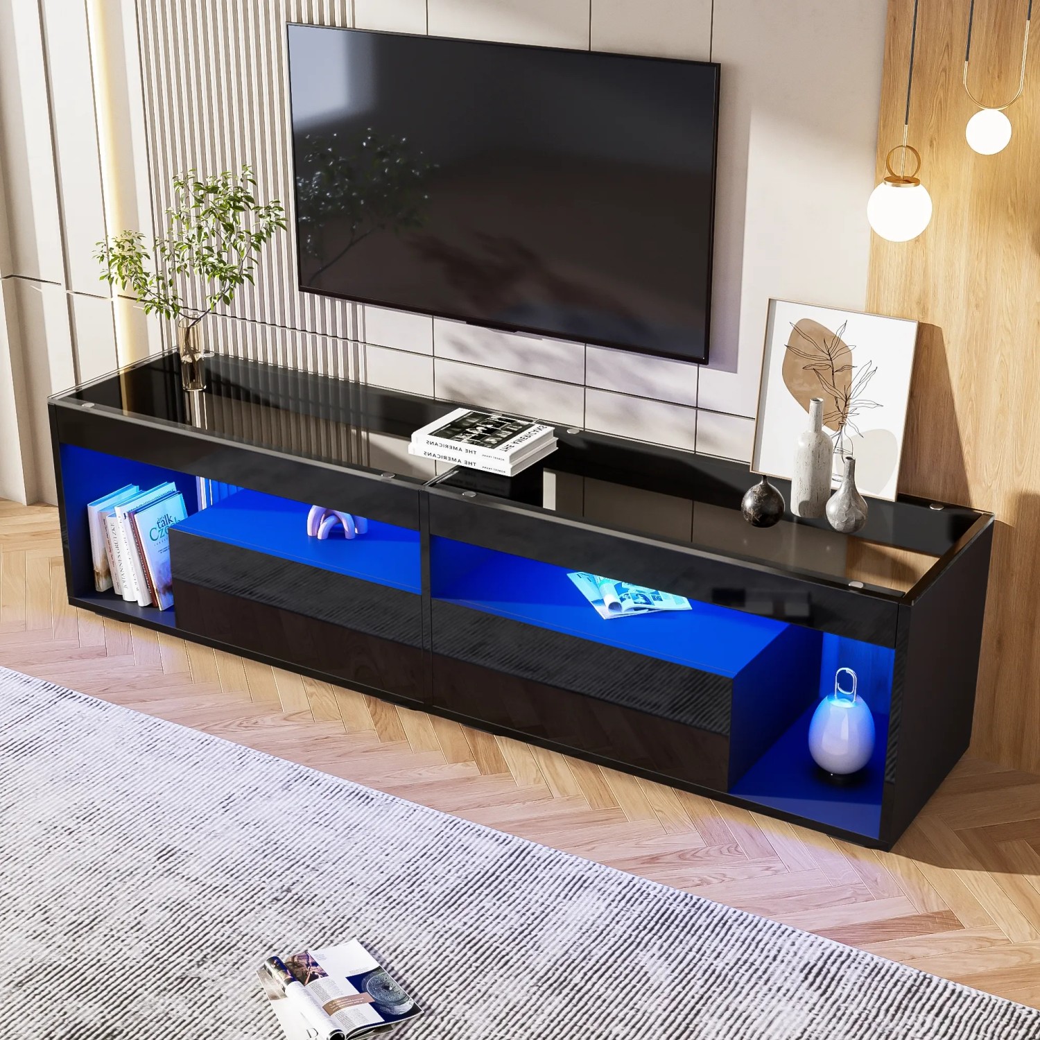 Merax TV Lowboard LED Hochglanz 2 Schubladen Für 70 Zoll TV Schwarz