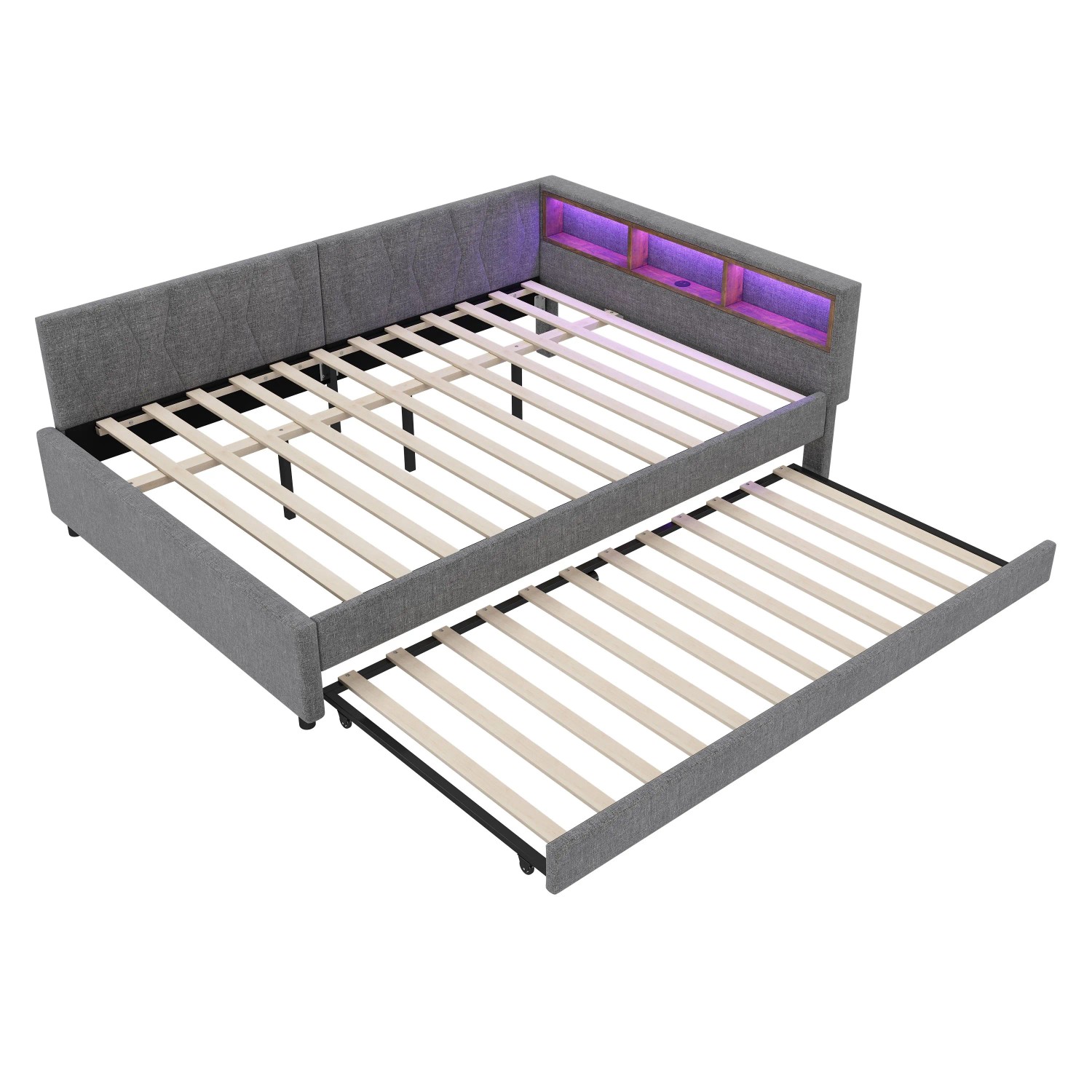 Merax Tagesbett 140x200 cm Mit Ablagefach USB Typ C LED Ausziehbett Leinen Grau