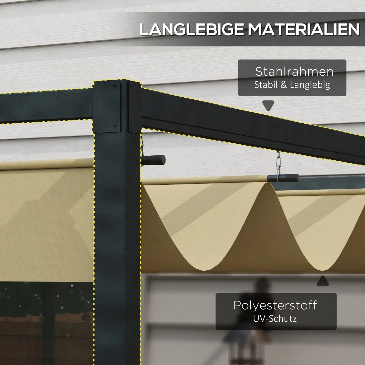Detailansicht der Outsunny Pergola mit Khaki-farbenem Polyesterdach und stabilem Stahlrahmen.