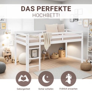 Weißes Homestyle4u Hochbett 90x200 aus Holz mit Leiter und Absturzsicherung im Kinderzimmer.