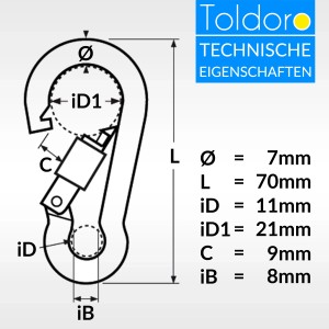 Technische Zeichnung: Toldoro Karabinerhaken Edelstahl V4A 70mm mit Schraubverschluss.