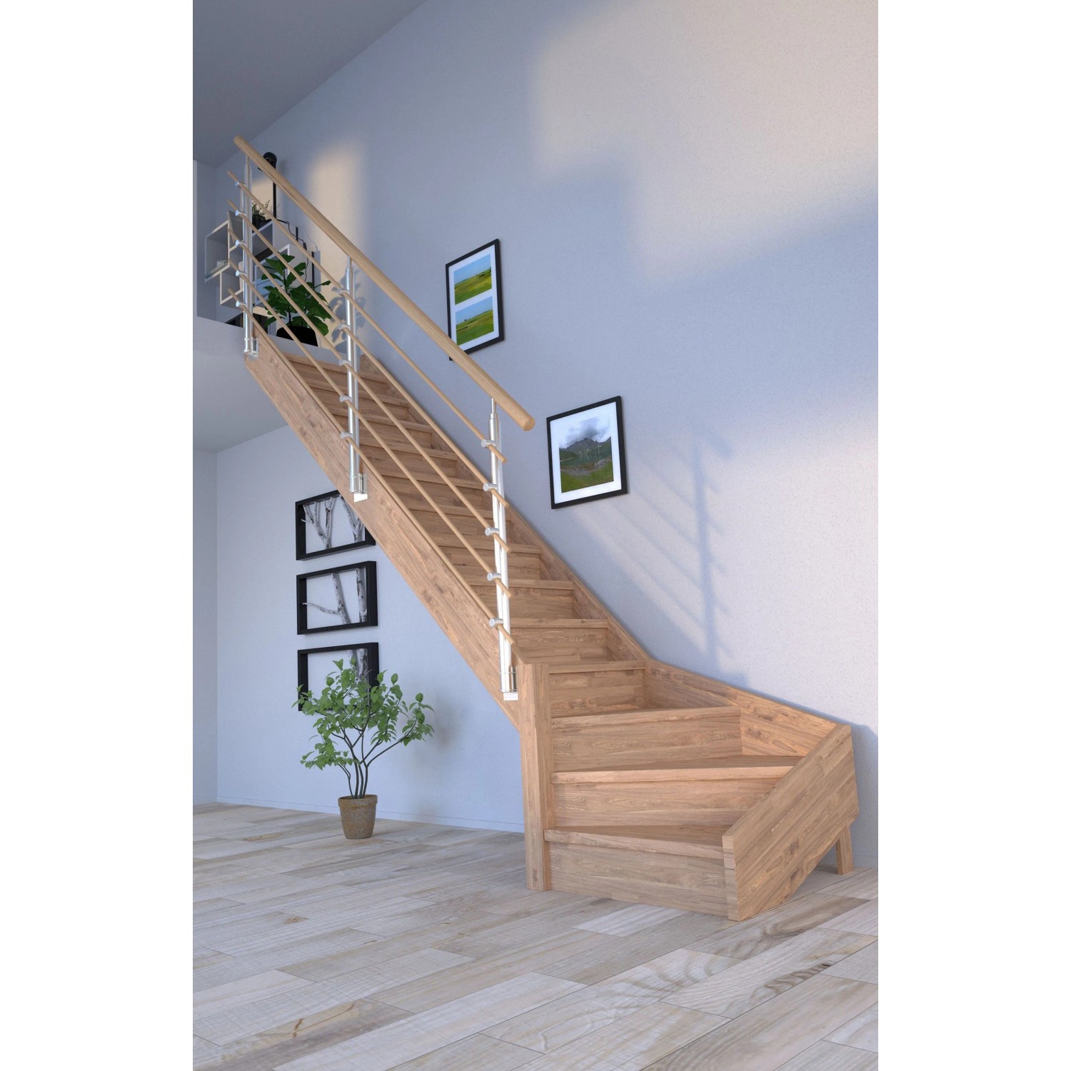 ¼-gewendelte Treppe Mykonos Pro Eiche mit Setzstufen und Design-Holzgeländer