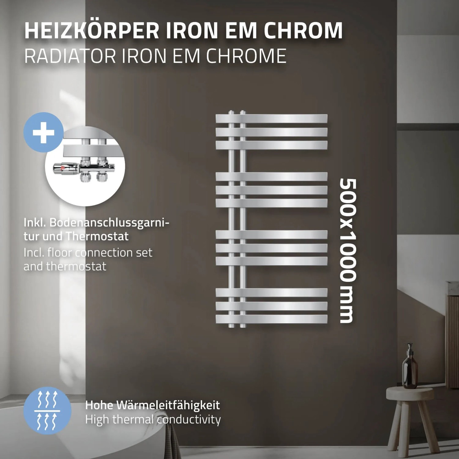 Chrom Badheizkörper Iron EM 500x1000 mit Thermostat für Bodenanschluss.