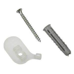 Befestigungsmaterial für Gardinia Deckenträger, bestehend aus Schraube, Dübel und weißem Kunststoffträger.