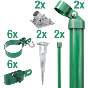Eck-Set für Maschendrahtzaun, grün, 100cm hoch, zum Aufschrauben, bestehend aus Streben, Schellen, Spannstäben und Drahtspannern.