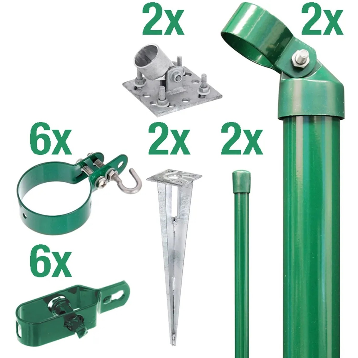 Eck-Set für Maschendrahtzaun, grün, 100cm hoch, zum Aufschrauben, bestehend aus Streben, Schellen, Spannstäben und Drahtspannern.