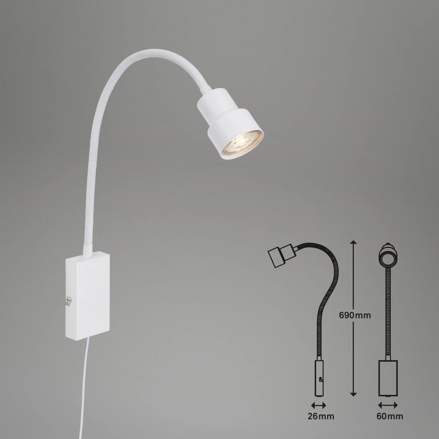 Weiße Briloner LED-Bettleuchte Tusi mit Flexarm zur individuellen Lichtausrichtung.