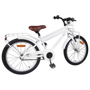 Weißes vidaXL Kinderfahrrad 20 Zoll mit braunem Sattel, vorderem Korb, Gepäckträger und Schutzblechen für 6-11 Jahre.