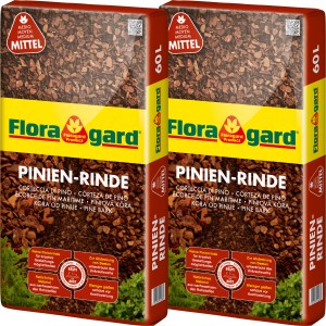 2 Säcke Floragard Pinienrinde Mittel, 15-25 mm, je 60 l. Natürlicher Bodenbelag zur Beetabdeckung.