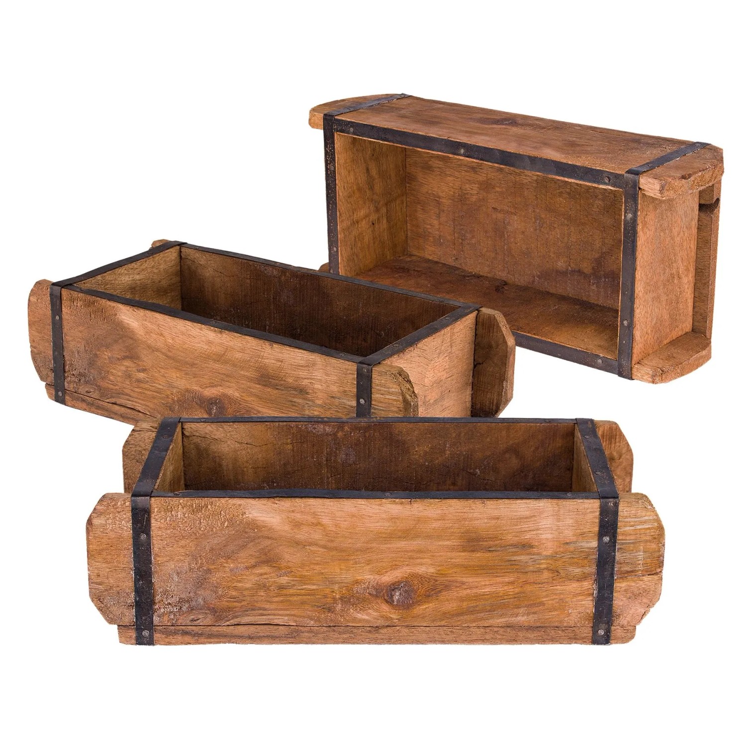 BigDean 3x Ziegelform 32x14x9 cm Ein Kammer Vintage Holzkiste mit Metallbeschlägen Ordnungsbox Allzweckkiste Nachbau aus Altholz Jedes Stück