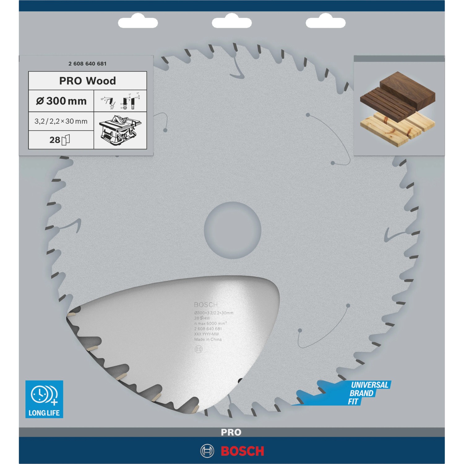 Bosch Kreissägeblatt Speedline Wood, 300 mm, 28 Zähne für saubere Holzschnitte.
