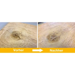 Stubai Astfüller Kiefer: Vorher-Nachher-Bild der Holzreparatur. Astloch in Holz gefüllt, Oberfläche glatt und rissfrei.