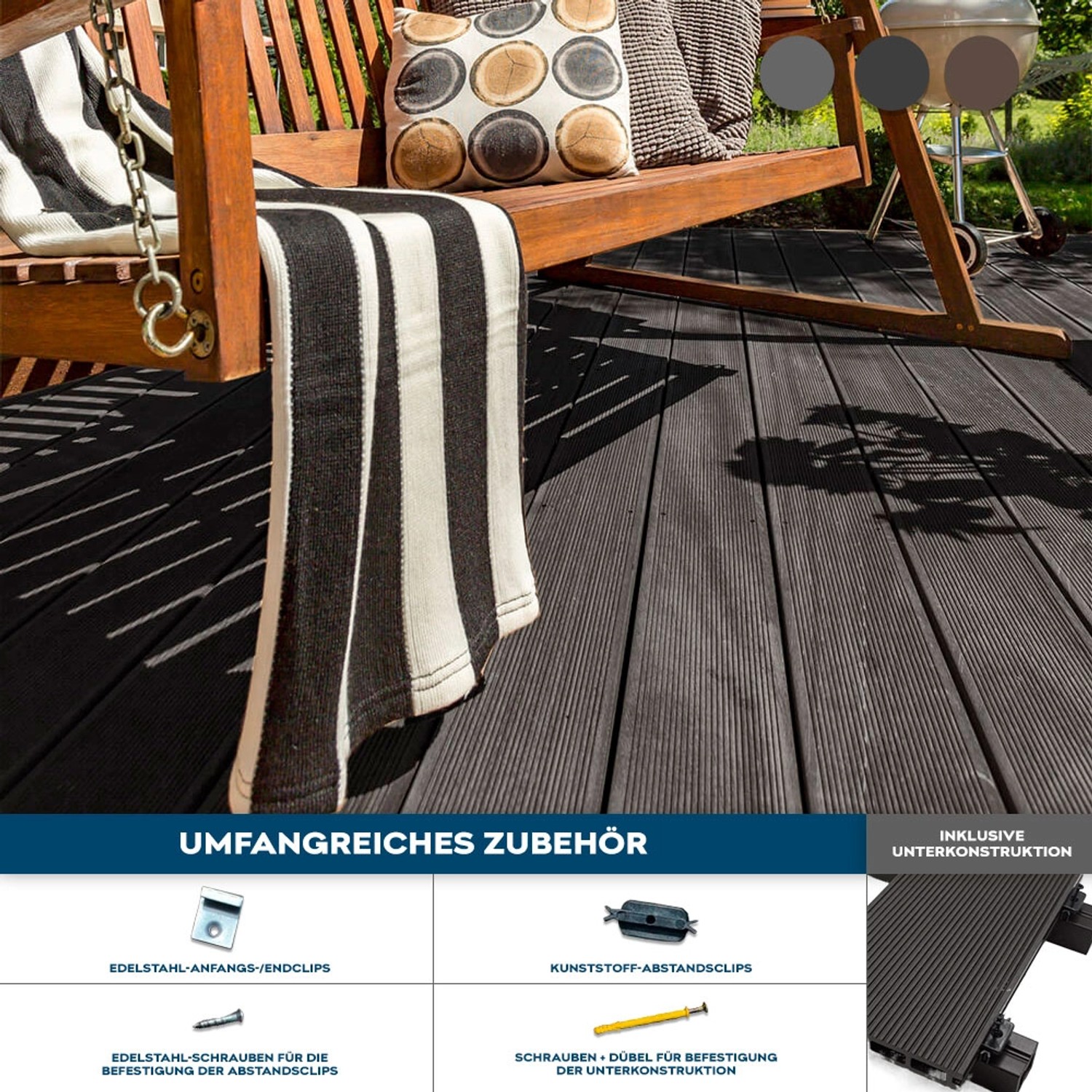 Anthrazitfarbene WPC Terrassendielen Samana von Home Deluxe auf einer Terrasse mit Zubehör.