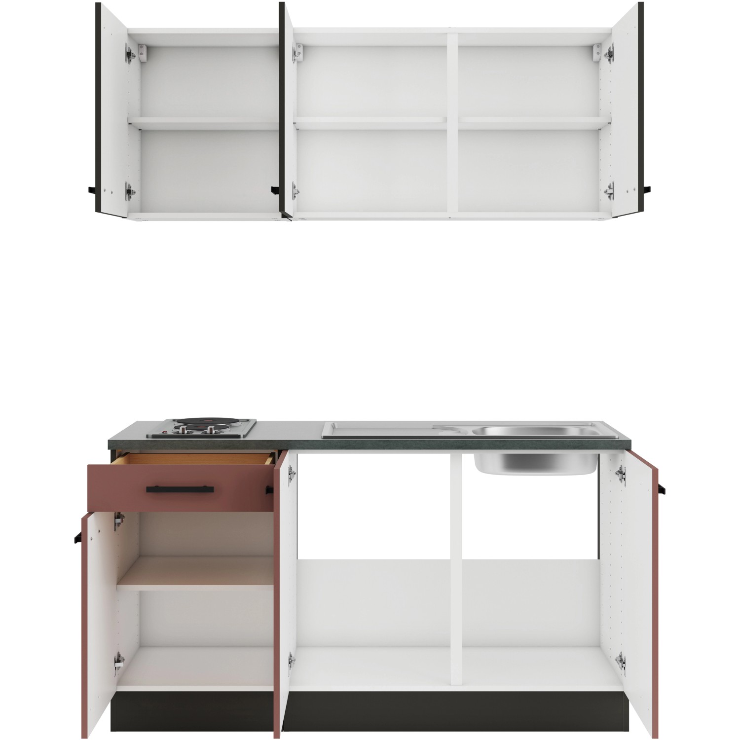 OPTIFIT Rimini409/Nizza407 Miniküche 150 cm Rilllendekor Nussbaum / Rostrot günstig online kaufen