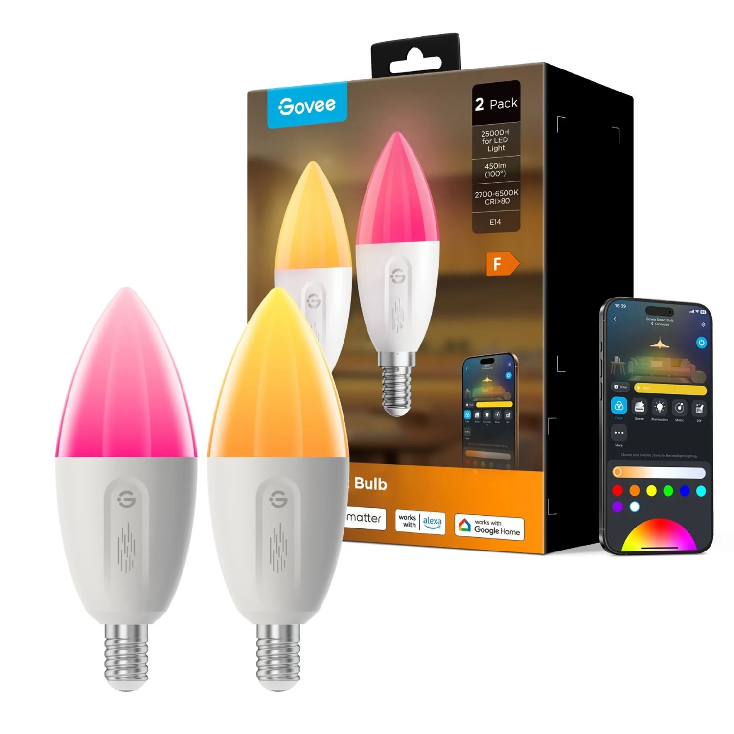 Govee E14 LED Lampe, Glühlampenform, 6500K, 450lm, 5W, 2er Set, farbig und weiß.
