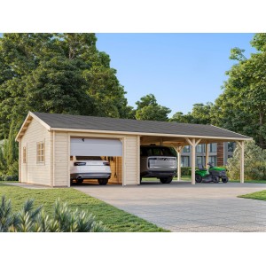 Palmako Garage Roger mit Sektionaltor, lackiert grau-weiß, mit Auto und Carport.