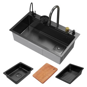 ML-Design Spülbecken, 80x46cm, Anthrazit, mit Zubehör: Wasserhahn, Schneidebrett, Spülbecken-Einsatz.