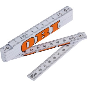 OBI Metermaßstab aus Fiberglas, 1 m, zusammengeklappt und teilweise geöffnet.